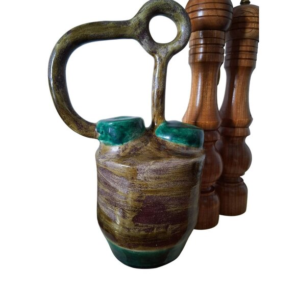 Vintage Handcrafted Ceramic Double-Spout Vase Unique Handle Design Earthy Green - Picture 2 of 7